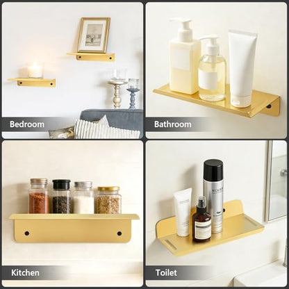 SMILECAT 7inch Small Floating Book Shelves for Wall Storage Set of 2.Wall Mounted Command Shelf for Bathroom,Bedroom,Living Room, Mini Tiny Display Hanging Shelves for Storage/Perfume/Room Decor.Gold