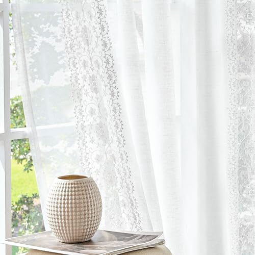 jinchan Floral Linen Curtains, Back Tab 54x96 Inch, 2 Panels White - color: S | Off White, size: 54"W x 96"L (Pack of 2)