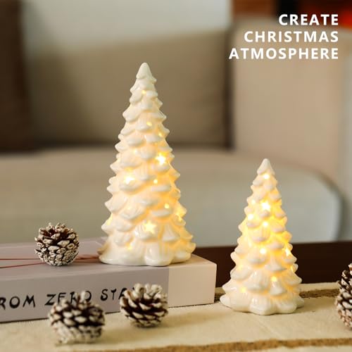 HOMCDALY 2 PCS White Small Christmas Tree with Lights, Mini Christmas Tree for Christmas Décor, Tabletop Xmas Tree Figurines, Christmas Decorations（Ceramic）
