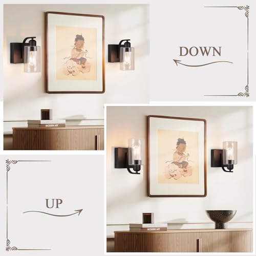 BELS 8 Inch Battery Operated Wall Sconces Set of 2, Farmhouse Wall Lights Fixture with Clear Glass, 4000K, Remote Control, Dimmable, Black Wall Sconces for Mirror, Bathroom, Bedroom - color: Black