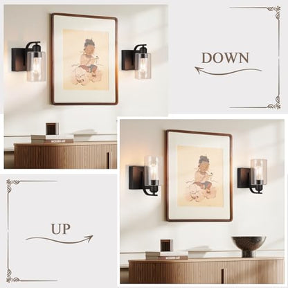 BELS 8 Inch Battery Operated Wall Sconces Set of 2, Farmhouse Wall Lights Fixture with Clear Glass, 4000K, Remote Control, Dimmable, Black Wall Sconces for Mirror, Bathroom, Bedroom - color: Black