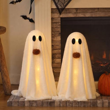Halloween Decorations-2 Pack Light-Up Sherpa Ghosts with Pumpkin