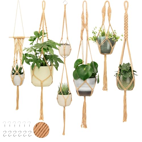 Nook Theory 6-Pack Macrame Plant Hangers with 12 Hooks - Hanging Planters for Indoor Plants, Boho Macrame Hangers Indoor Outdoor, Decorative Plant Hanger Indoor (Caramel) - color: Cream Single, size: 6 Pack