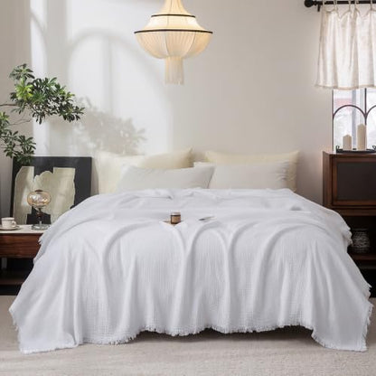 FOSSA Muslin Blanket: 4-Layer 100% Cotton Gauze Blanket with Fringe 98"x98" - color: Bright White, size: Oversize Queen(98" × 98")