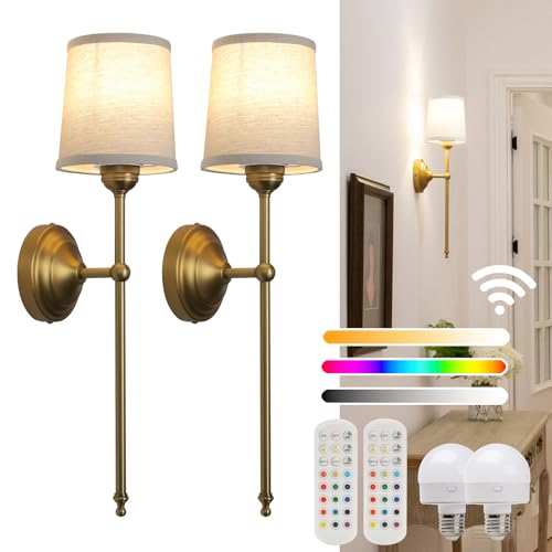 Battery Operated Sconces Wall Lighting Set of 2 with Fabric Shade