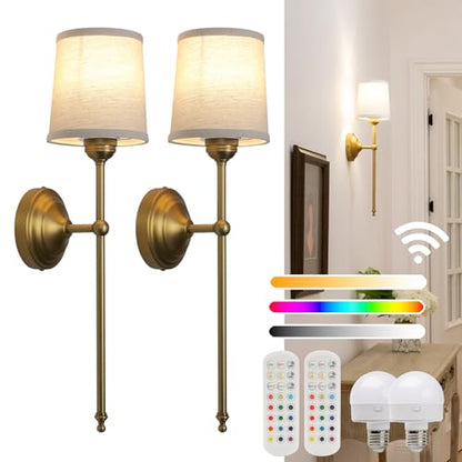 Battery Operated Sconces Wall Lighting Set of 2 with Fabric Shade