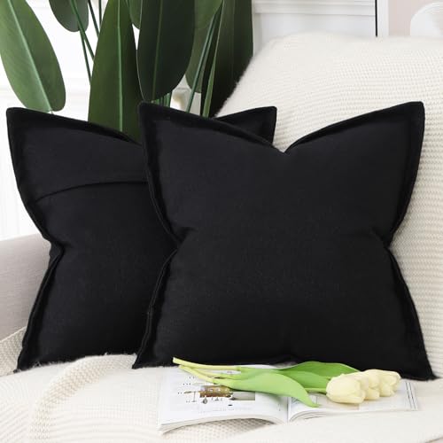 MADIZZ Pack of 2 Faux Rustic Linen Throw Pillow Covers with Flange Edge Soft Boho Natural Decorative Pillowcases for Sofa Living Room Modern Throw Pillows for Bed 24x24 Inch Black - color: Black, size: 24" x 24" (Pack of 2)
