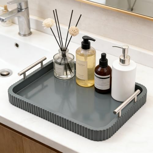 Rectangle Modern Wood Serving Tray with Metal Handles, High Gloss Gray Finish, 16x12 Inch Coffee Table Ottoman Tray for Storage and Display (Gray) - color: Gray