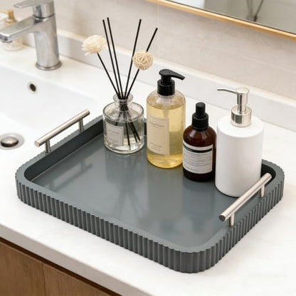 Rectangle Modern Wood Serving Tray with Metal Handles, High Gloss Gray Finish, 16x12 Inch Coffee Table Ottoman Tray for Storage and Display (Gray) - color: Gray