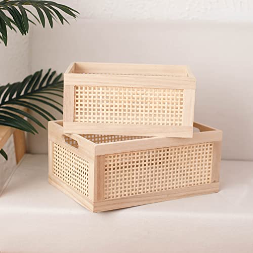 Rattan Woven Wooden Storage Basket Set of 2, Square‑corner Rectangular - size: Rectangle B - 2-Piece Set