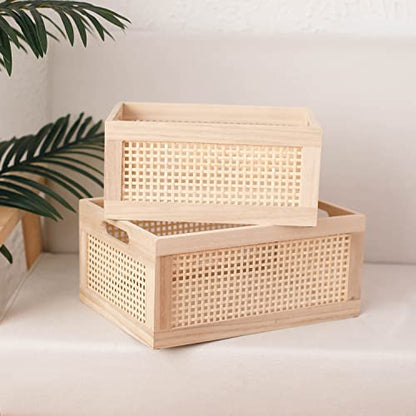 Rattan Woven Wooden Storage Basket Set of 2, Square‑corner Rectangular - size: Rectangle B - 2-Piece Set