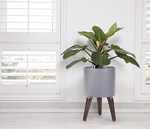 D'vine Dev 8 Inch Planter Pot with Wood Stand, Grey, 88-O-A-3 - color: Matte Grey, size: Small