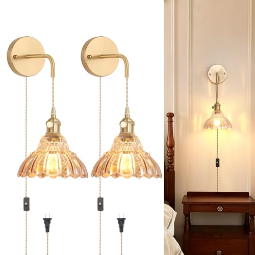 Shenmoyl Vintage Plug in wall sconces Set of 2, 4.9FT Corded Wall Lamps with Amber Lily of The Glass Shade Hanging, sconces wall Decor for Bedroom Living Room Hallway Doorway - color: Lily of the Valley-Amber, size: 2Pack-Plug in