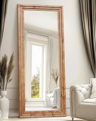 71x30in Full Length Mirror, 3-Tier Stepped Solid Wood Frame - color: Light Brown, size: 71"L x 30"W