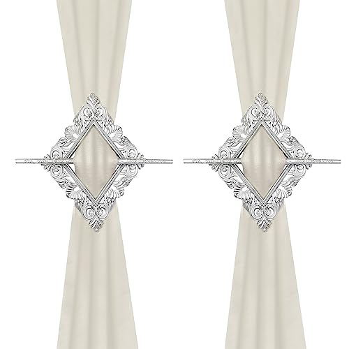 2 Pack Silver Rhombus Curtain Tiebacks, Square Drapery Holdbacks - style: 8 Crystals Silver
