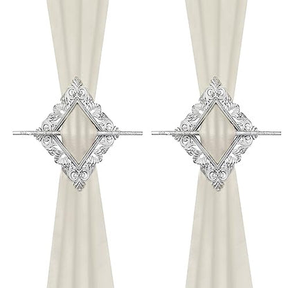 2 Pack Silver Rhombus Curtain Tiebacks, Square Drapery Holdbacks - style: 8 Crystals Silver