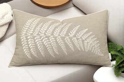 Rudransha Botanical Fern Leaf Embroidery Lumbar Pillow Cover - 14x24 Natural Linen - color: Natural-ferny, size: 24" x 14" (Pack of 1)