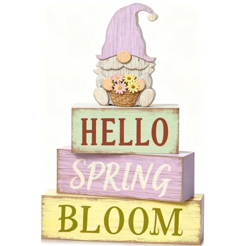 Spring Decoration Wooden Tiered Tray Decor – Rustic Hello Spring Bloom Gnome Stacked Block Sign with Flower Basket Topper – Farmhouse Tabletop Spring Decor for Living Room Shelf Kitchen Coffee Bar Seasonal Home Display - style: Gnome
