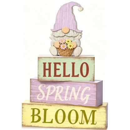 Spring Decoration Wooden Tiered Tray Decor – Rustic Hello Spring Bloom Gnome Stacked Block Sign with Flower Basket Topper – Farmhouse Tabletop Spring Decor for Living Room Shelf Kitchen Coffee Bar Seasonal Home Display - style: Gnome