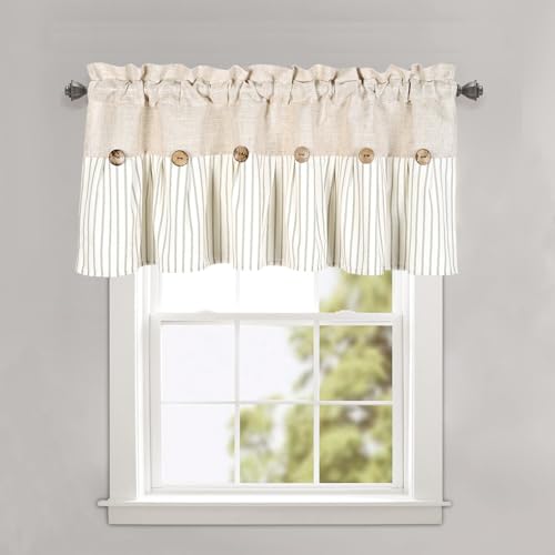 DOSLY IDÉES Farmhouse Linen and Cotton Green Striped Button Valance, Striped Pleated Design with Coconut Buttons, Multi-Room Window Treatment for Kitchen Living Room Bedroom, 52" W x 18" L - color: Linen & Green Stripe, size: 52"W x 18"L (Pack of 1)