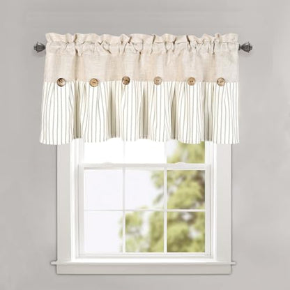 DOSLY IDÉES Farmhouse Linen and Cotton Green Striped Button Valance, Striped Pleated Design with Coconut Buttons, Multi-Room Window Treatment for Kitchen Living Room Bedroom, 52" W x 18" L - color: Linen & Green Stripe, size: 52"W x 18"L (Pack of 1)