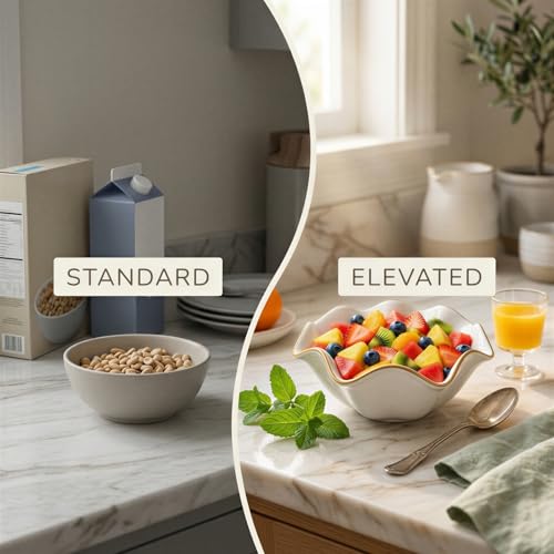 8 in White Ceramic Decorative Bowl, Ruffle Edge Serving Bowl with Golden Rim, 320 oz Shallow Fruit Container for Kitchen Counter, Dining Table Centerpiece, Entry Decor, Housewarming Present