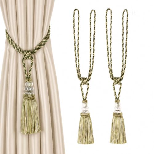 BEL AVENIR 2 Pack Curtain Tiebacks Hand-Woven Holdbacks Tassels Tiebacks - color: Mix Green, size: 2 Pack
