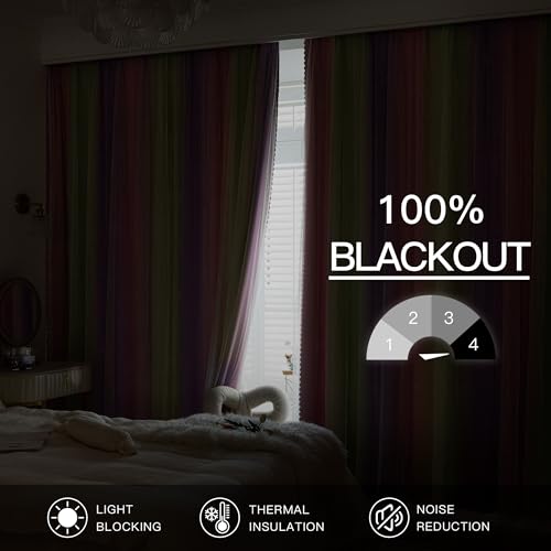 Pink Yellow Purple Blackout Curtains with Sheer Overlay for Girls Bedroom - color: Blackout-pink Purple Yellow, size: 34"W x 63"L (Pack of 2)