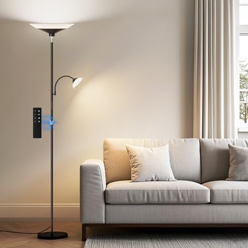 SIBRILLE Upgraded 2-in-1 Torchiere Floor Lamp, Dimmable Standing Lamp with Remote&Button Control, 34W Brightness Adjustable Floor Reading Light, Black Modern Corner Lamp for Living Room Bedroom Office - color: Black