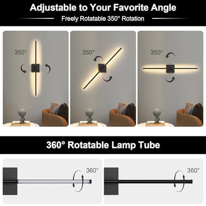 Battery Operated Wall Sconce Set of Two with Remote Control, 3000K-6000K Dimmable Black Wall Lights, Timable LED Wireless Wall Sconces, 350° Ratate for Bathroom, Living Room, Hallway 29.1 Inch - color: Black, size: 29.1in(2 Pack)