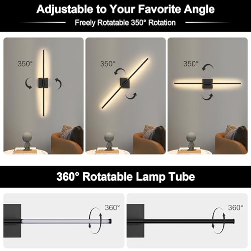 Battery Operated Wall Sconce, 3000K-6000K Dimmable Black Wall Lights with Remote Control, Timable LED Wireless Wall Sconces, 350° Ratate for Bathroom, Living Room, Hallway 29.1 Inch 1 Pack - color: Black, size: 29.1in(1 Pack)