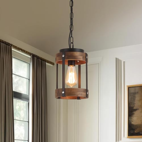 2 Pack Rustic Farmhouse Wood Pendant Light Fixture One-Light Adjustable Chain Oak Wood and Metal Drum Cage Small Pendant Lighting for Kitchen Island Sink Hallway Farmhouse Bathroom Bar, Black - size: Small pendant light 2 pack