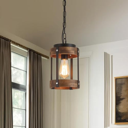 2 Pack Rustic Farmhouse Wood Pendant Light Fixture One-Light Adjustable Chain Oak Wood and Metal Drum Cage Small Pendant Lighting for Kitchen Island Sink Hallway Farmhouse Bathroom Bar, Black - size: Small pendant light 2 pack