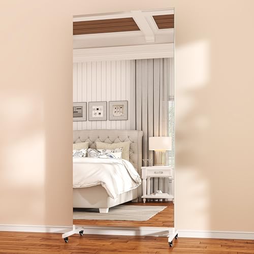 Hasipu 71" x 24" Home Gym Mirror 360° Swivel on Wheels, White - size: 71"L x 24"W