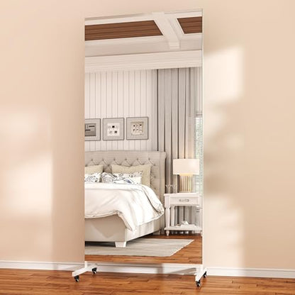 Hasipu 71" x 24" Home Gym Mirror 360° Swivel on Wheels, White - size: 71"L x 24"W