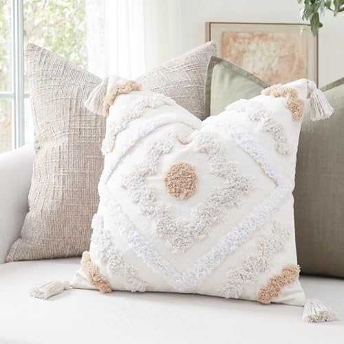 NUYECY Decorative Farmhouse Throw Pillow Covers 16 x 16,Modern Neutral Couch Pillow Cover,Cotton Checked Pattern Boho Square Pillow Case Cover for Couch Bed Sofa Bedroom,Khaki&Beige&White - color: Khaki, size: 16" x 16" (Pack of 1)