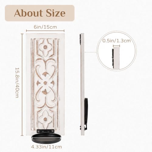 Whitewashed Wood Wall Candle Sconces Set of 2, Floral Design - color: Distressed White