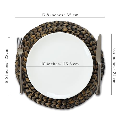 10 Pack, Round Woven Placemats, Natural Water Hyacinth Wicker Place Mats, Braided Straw Table Mats for Dining Table, Fall, Halloween, Thanksgiving, Christmas, Black (13.8 inch) - color: Black (Set of 10)