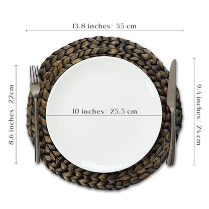 8 Pack, Round Woven Placemats, Natural Water Hyacinth Wicker Place Mats, Braided Straw Table Mats for Dining Table, Fall, Halloween, Thanksgiving, Christmas, Black (13.8 inch) - color: Black (Set of 8)