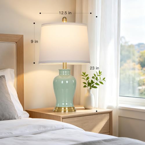 Green Ceramic Lamps Set of 2, Bedroom Lamp with Ginger Jar Design - color: Green
