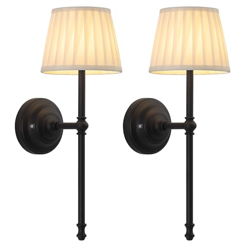 KDG Black Cordless Wall Sconces Set of 2, Beige Fabric LED Wall Lamps - color: Black + Beige Lampshde (2 Pack)