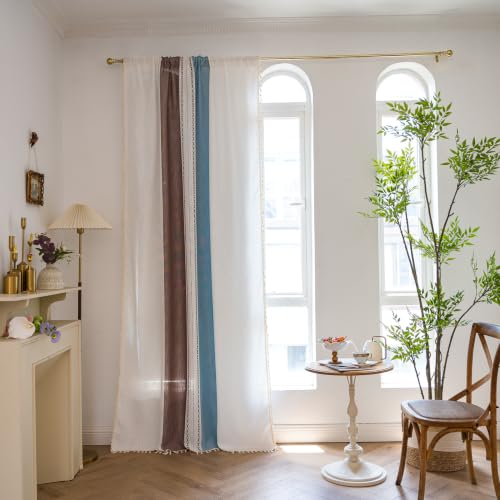 Deeprove Boho Linen Curtains 84 inch for Bedroom Living Room, Semi Blackout Textured Farmhouse Tassels Window Treatment Bohemian Embroidery Drape Rod Pocket 1 Panel 52" W x 84" L, Blue and Brown - color: Blue + Brown, size: 52"W x 84"L (Pack of 1)