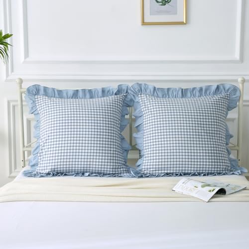 Mywinlle Dusty Blue Plaid Ruffle Gingham Throw Pillow Covers 18"x18" - color: Blue Plaid, size: 18" x 18" (Pack of 2)