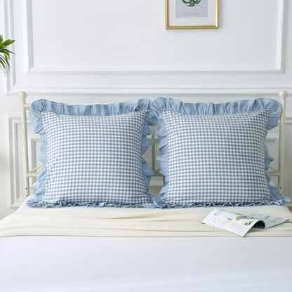 Mywinlle Dusty Blue Plaid Ruffle Gingham Throw Pillow Covers 18"x18" - color: Blue Plaid, size: 18" x 18" (Pack of 2)