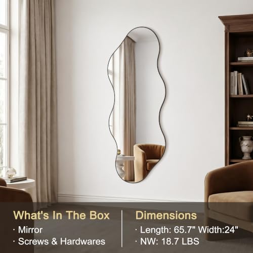 65.7"x24" Irregular Full Length Mirror, Abstract Wall Mirror - color: Black Wavy