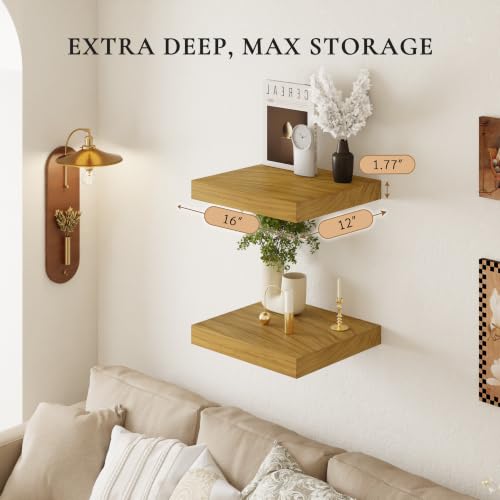 16 Inch Extra Deep Floating Shelves Set of 2-12" Wide Solid Paulownia Wood Wall Mounted Shelves, Natural Wood Finish, Heavy Duty Long Display Ledge for Kitchen, Living Room & Home Office - color: Natural, size: 2T16IN
