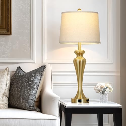 CINSARY 30 Inch Tall Gold Table Lamp Single for Living Room, Touch Control Bedside Lamp for Nightstand, 3-Way Dimmable Bedroom Lamps with USB A+C Ports and AC Outlet, Metal Brass Table Lamps - color: Gold (1 Pack)