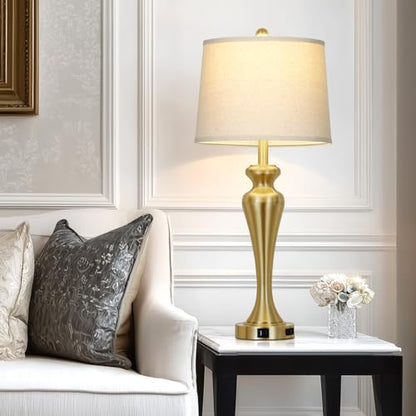 CINSARY 30 Inch Tall Gold Table Lamp Single for Living Room, Touch Control Bedside Lamp for Nightstand, 3-Way Dimmable Bedroom Lamps with USB A+C Ports and AC Outlet, Metal Brass Table Lamps - color: Gold (1 Pack)