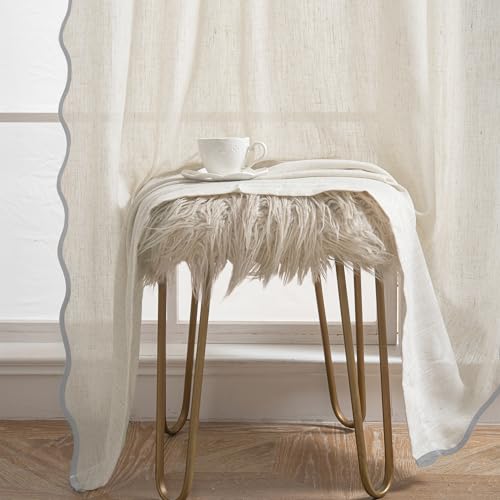 DriftAway Semi Sheer Scalloped Edge Linen Coastal Beach Window Curtains for Living Room Bedroom 2 Panels Rod Pocket Each Size 52 Inch by 96 Inch Gray - color: Linen Gray, size: 52"W x 96"L (Pack of 2)