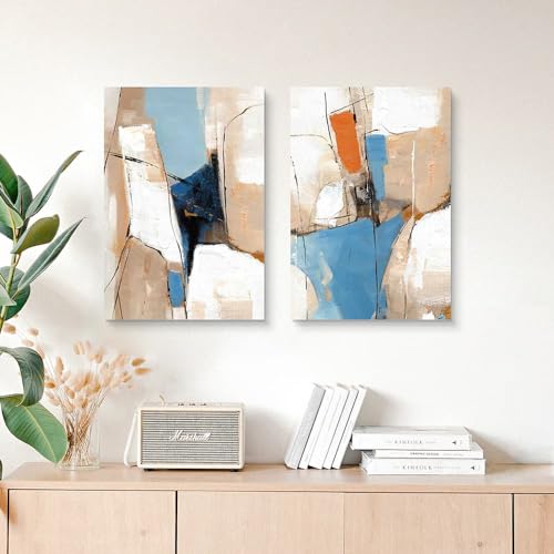 WALLSUP DECOR Abstract colorful pictures painting canvas - 2 Piece Khaki and Blue Abstract Modern wall art for Living Room Bedroom Office Wall Deocr(Abstract painting - color: Khaki and Blue, size: 11"x16"x2